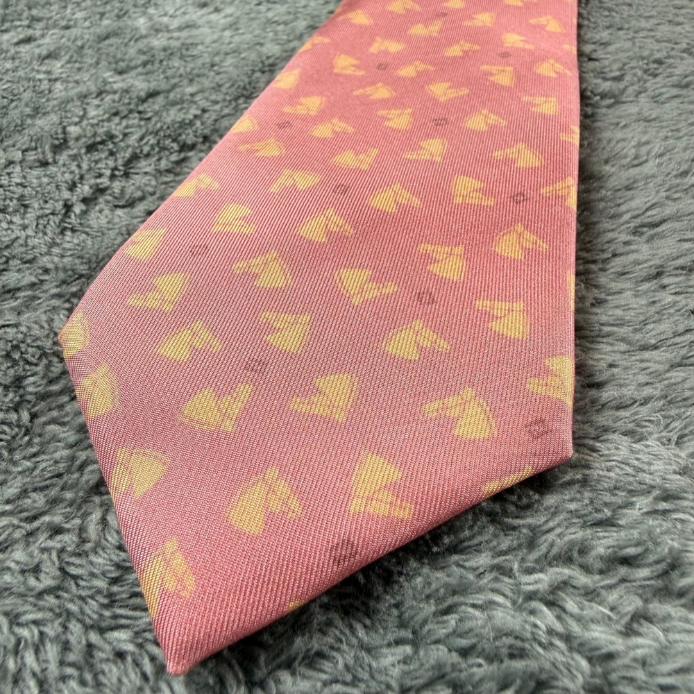 Fendi Mens Silk Necktie Coral Pink Yellow Equestrian Horse Head Made in Italy